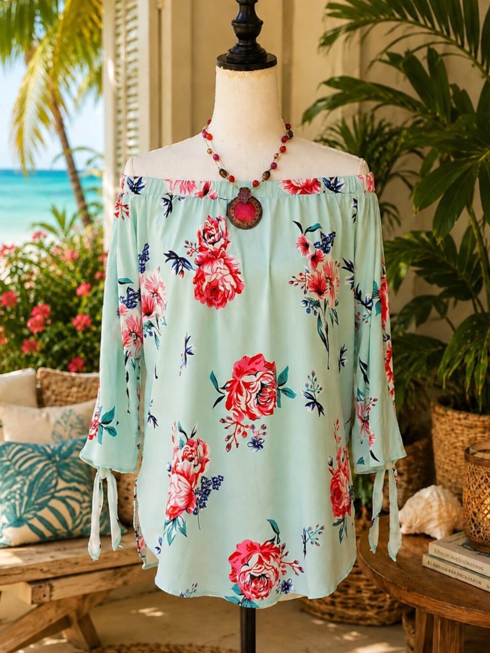 Tickled Teal Brand Mint Floral Off Shoulder Blouse Tropical Resort Tie Sleeve XL